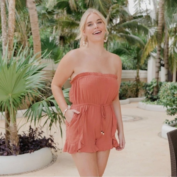Pink Lily Never A Compromise Terracotta Strapless Linen Romper Women's Small - Picture 1 of 14
